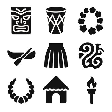 Island Culture Icons. Solid, filled icon set of island culture symbols: tiki mask, tropical drum, floral lei, native canoe, grass