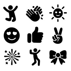 Fototapeta premium Joyful Activities Icons. Solid, filled icon set of joyful activities: jumping person, clapping hands, heart eyes, smiling sun,