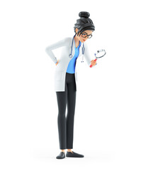 3d cartoon female doctor looking through magnifying glass