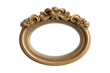 PNG Ornate gold oval frame with floral and scroll design on black background