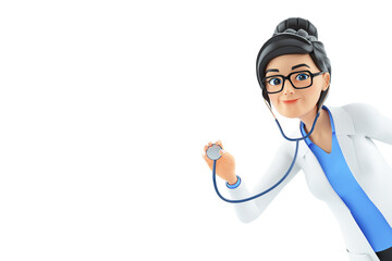 3d portrait cartoon female doctor using stethoscope