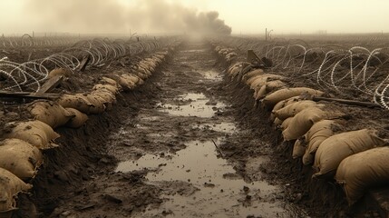 Barbed Wire Barrier in Foggy Landscape with Muddy Ground
