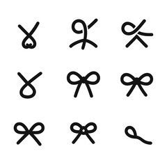 Lace Tying Icons. Solid, filled icon set of shoe lace tying steps: start knot, loop formation, cross over, pull tight, double wrap