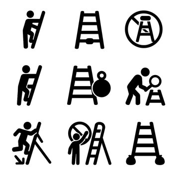 Ladder Safety Icons. Solid, filled icon set of ladder do's and don'ts: three-point contact, locked spreaders, no top step, face