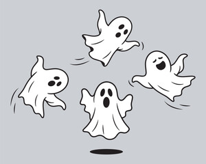 Cartoon Ghosts Vector, Four Playful Floating Ghost Characters, Cute Halloween Illustration