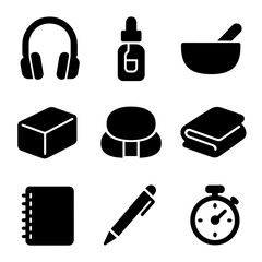 Obraz premium Quiet Reflection Tools. Solid, filled icon set of quiet reflection tools: headphones, essential oil bottle, sound bowl, yoga block