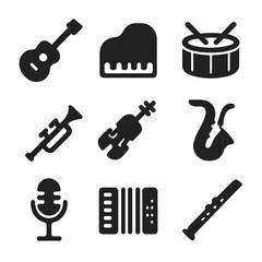 Obraz premium Musical Instruments Icons. Solid, filled icon set of Solid musical instruments: guitar, piano, drum, trumpet, violin, saxophone,