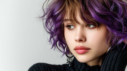 Fototapeta premium Trendy youth with purple curls on neutral backdrop