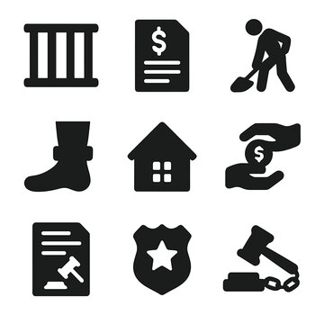 Legal Consequences Icons. Solid, filled icon set of legal consequences: prison bars, fine document, community service, probation