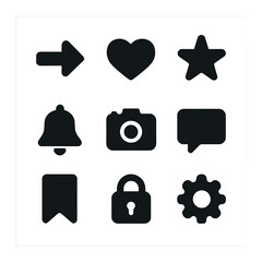 Modern Icon Grid. Solid, filled icons set of flat symbols: arrow, heart, star, bell, camera, message, bookmark