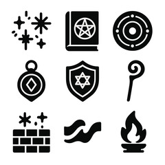 Fototapeta premium Magical Protection Icons. Solid, filled icon set of magical protection symbols: glowing runes, spell book, magic circle,