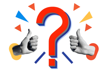 Hands holding a red question mark. Modern collage style. Illustration on transparent background