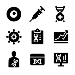 Gene Therapy Icons. Solid, filled icons set of gene therapy research: cell icon, injection icon, healing DNA,