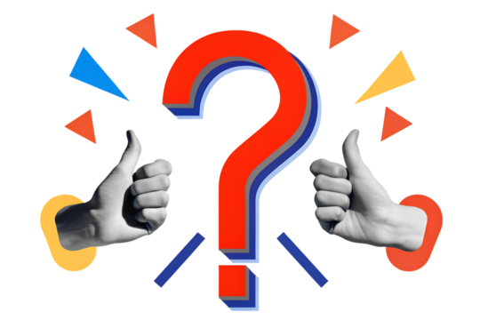 Hands holding a red question mark. Modern collage style. Illustration on transparent background