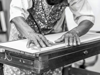 An elderly artisan carefully lifts a wooden frame from a vat of pulp, skillfully crafting handmade paper using time-honored techniques
