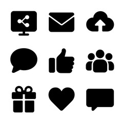 Memory Sharing Icons. Solid, filled icon set of memory sharing: social media, email envelope, upload cloud, chat bubble, like icon