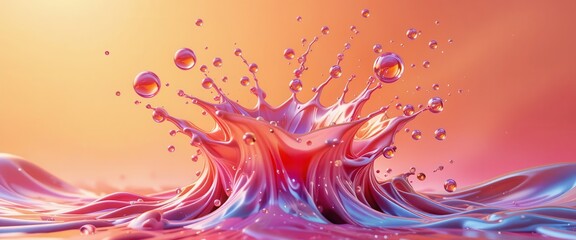 Colorful splash of liquid with vibrant droplets against a soft gradient background