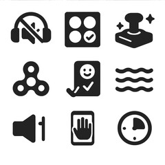 Sensory-Friendly Icons Grid. Solid, filled icon set of sensory-friendly digital tools: noise-cancel icon, soft color palette,