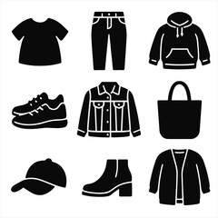 Naklejka premium Plus-Size Casual Icons. Solid, filled icon set of plus-size casual wear: relaxed t-shirt, high-waisted jeans, hooded sweatshirt,
