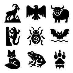 Naklejka premium High-Altitude Animal Icons. Solid, filled icons set of high-altitude animal adaptations: peak-dwelling goat,