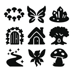 Hidden Faerie Icons. Solid, filled icons set of hidden fae realms: fairy ring, glowing wings, crystal pond,