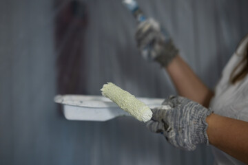 Naklejka premium Close-up of a paint tray and roller in the hands of a painter. A professional painter dipped a small roller into a tray filled with white paint, preparing to continue painting a wall.