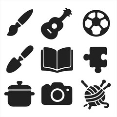 Hobby Icons Grid. Solid, filled icons set of hobby group introductions: paintbrush, guitar, soccer ball,