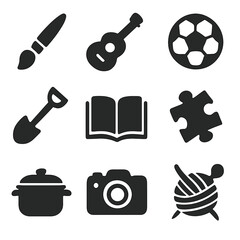 Hobby Icons Grid. Solid, filled icons set of hobby group introductions: paintbrush, guitar, soccer ball,