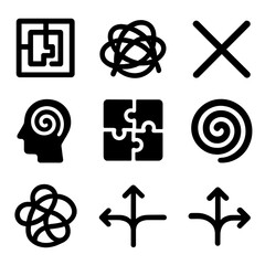Puzzle Icon Grid. Solid, filled icon set of puzzles and tangled logic: maze of lines, complex web, crossing paths, intertwined