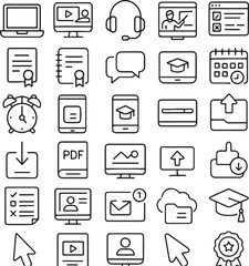 Collection of modern flat line icons representing online education learning and digital communication tools for web and app design