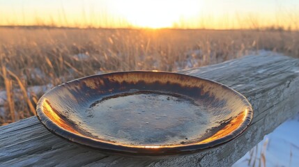 Rustic Plate on Wooden Fence with Sunrise Over Golden Field