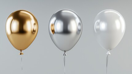 Realistic metallic balloons set. Gold, silver, and white party decorations