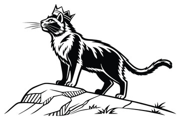 Monochrome Majesty Regal Cat with Crown Standing on a Rocky Perch in Black and White