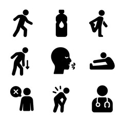 Stretching Safety Icons. Solid, filled icon set of stretching safety: warm-up, hydration, slow movements, breathing control,