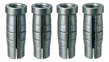 Lag shield anchors used for attaching a wooden gate to concrete posts in a garden, with a split design that expands as the bolt is tightened.