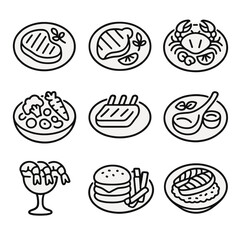 Succulent Meal Icons. Solid, filled icon set of plated succulent meals: steak with garnish, grilled chicken with herbs, seafood