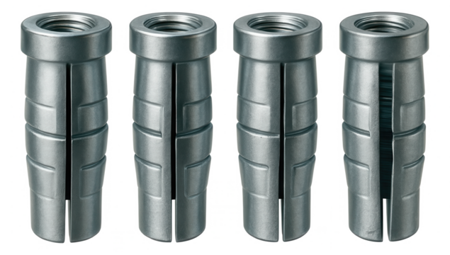 Lag shield anchors used for attaching a wooden gate to concrete posts in a garden, with a split design that expands as the bolt is tightened.