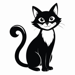 Charming Cartoon Black Cat with White Patch Sits Gracefully Vector Illustration