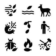 Seed Dispersal Icons. Solid, filled icon set of Seed dispersal methods: wind, water, animals, explosion, gravity, humans, insects,