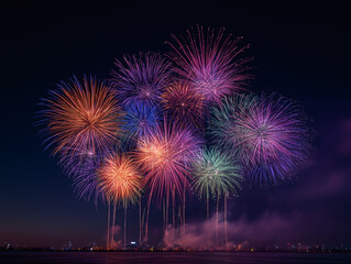 夜空に大輪の光が広がるカラフルな花火大会の風景