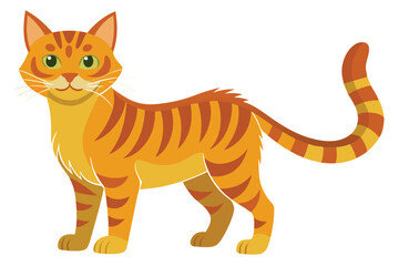 Cartoon Ginger Tabby Cat with Stripes and Green Eyes Standing on White Background