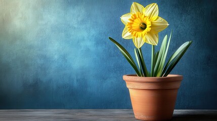 Bright Yellow Daffodil in Terracotta Pot Against Blue Background