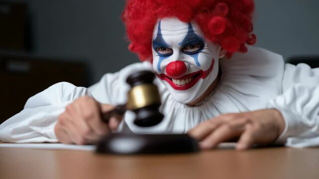 Playful clown tapping desk bell with mischievous grin in office setting