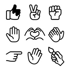 Painted Hand Icons. Solid, filled icon set of hand gestures with paint: thumbs up with paint, peace sign painted fingers, fist