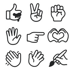 Painted Hand Icons. Solid, filled icon set of hand gestures with paint: thumbs up with paint, peace sign painted fingers, fist