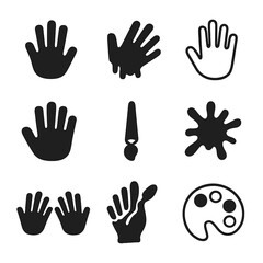 Obraz premium Painted Hands Icons. Solid, filled icon set of painted hands in a circle: handprint, palm painting, colorful fingers, hand stencil