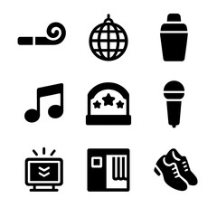 Party Icon Set. Solid, filled icon set of party accessories: party blower, disco ball, cocktail shaker, music notes, stage,