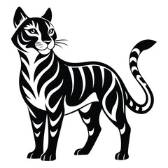 Stylized Black and White Illustration of a Standing Tiger with Intricate Markings and a Curled Tail