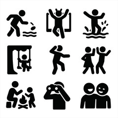 Trail Fun Icons. Solid, filled icon set of spontaneous trail fun: rock skipping, jumping photo, stream splash, tree swing, silly