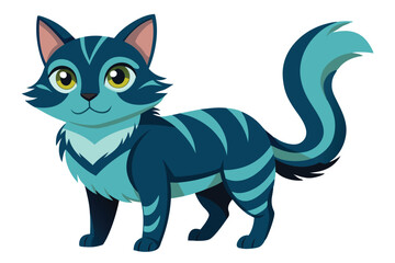 Fototapeta premium Cartoon Cat with Blue Stripes and Yellow Eyes Standing with a Curly Tail in an Upright Position